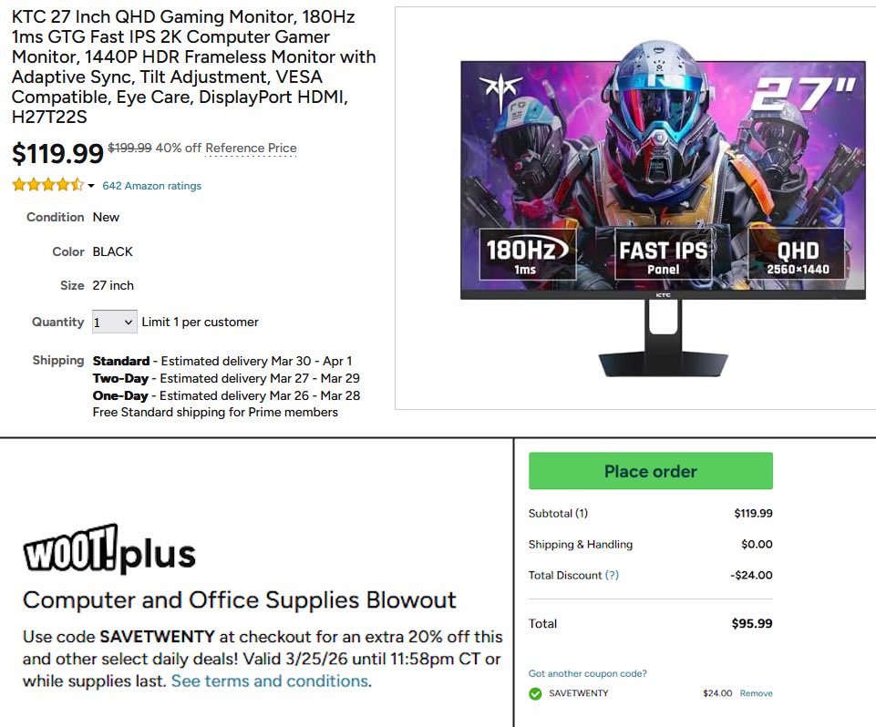 27" QHD Monitor (180Hz, 1ms, IPS) @ Woot (An Amazon Company)

Was: $96 + Tax
Now: $200

Great price for those specs.

mavely.app.link/zRdegrm3M1b

Use code:
SAVETWENTY

#deals #ad #pc #gaming
