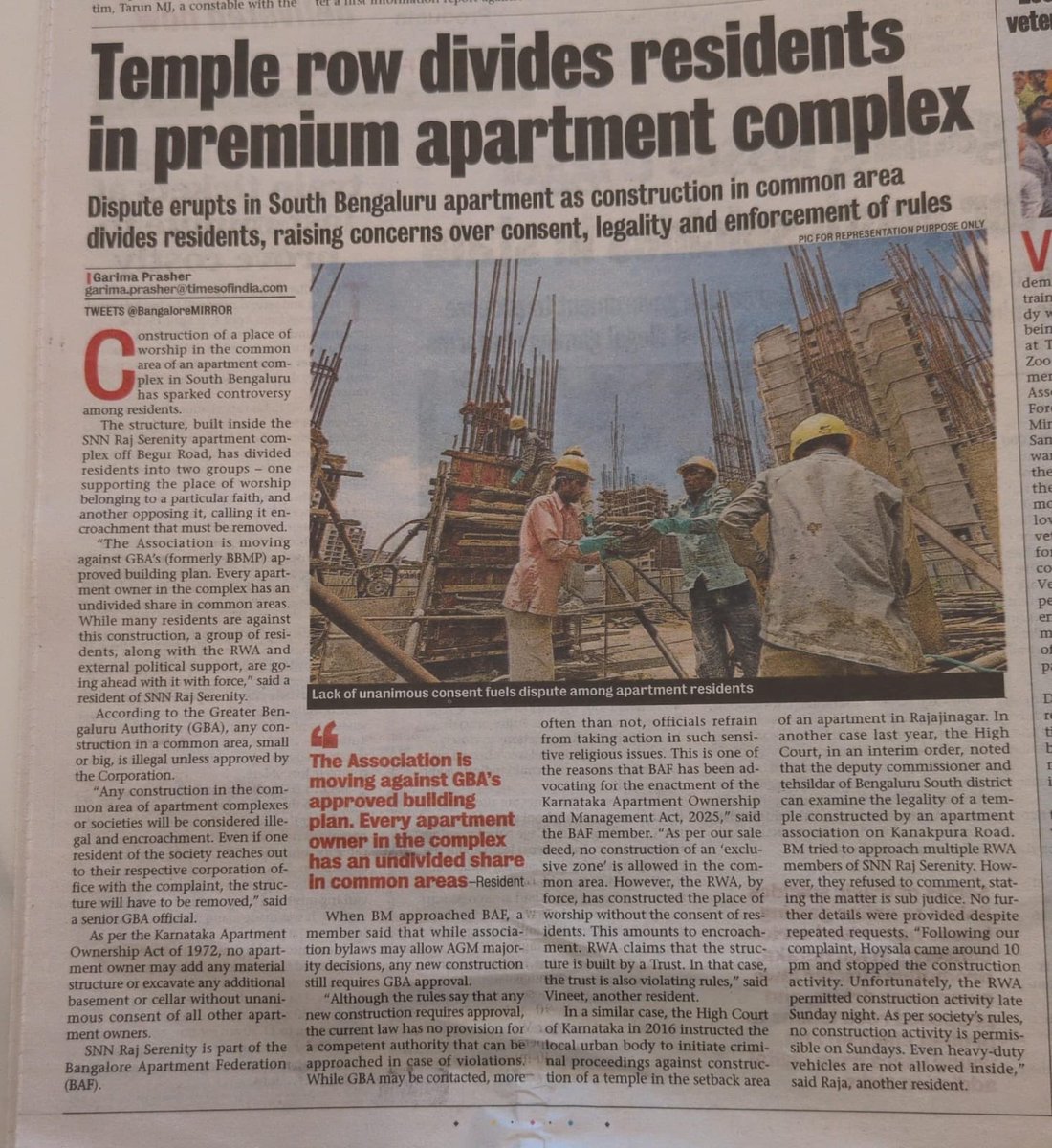 Sacmenon's tweet photo. Saddened to witness illegal temple construction sneaking into our society premises—done without resident consent, timed slyly over a public holiday, and rushed to completion before authorities could intervene. #SNNRajSerenity #snnestate #snnbuilders @bbmpcommr @bbmpcommission1 https://t.co/H1tvvR3oBu