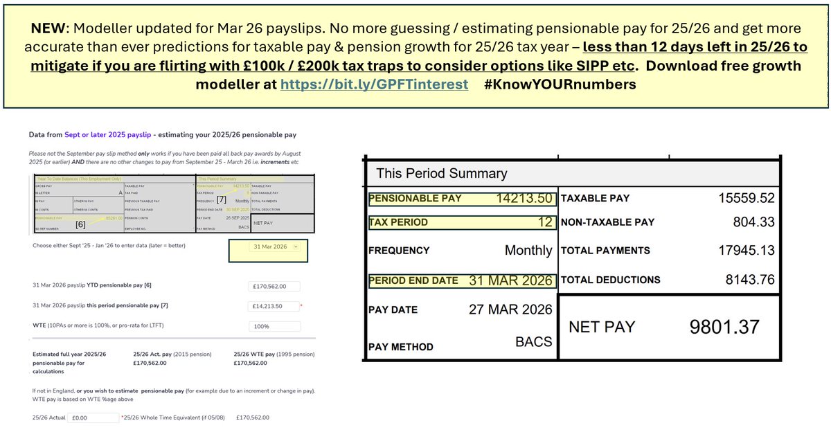 NEW: No more guessing or estimating 25/26 pensionable pay &amp; pension (and therefore growth) - Modeller updated for final Mar 26 payslips. 
Get more accurate than ever predictions for pay &amp; pension growth for 25/26 tax year – less than 12 days left in 25/26 to mitigate if you are