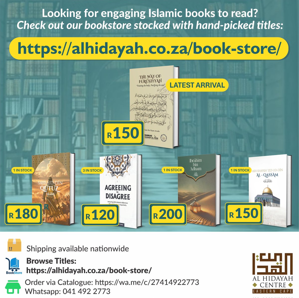 IslamicFocus's tweet photo. BOOK STORE
AL HIDAYAH CENTRE

Engaging reads in stock

📦 All prices exclude postage. Courier available nationwide

🛍️ Browse Titles:
https://t.co/v5BtH3efwe

🛒 Order via Catalogue: https://t.co/W1zYfaS5Tj

☎️ Whatsapp: 041 492 2773 https://t.co/0VZlpXRrWa