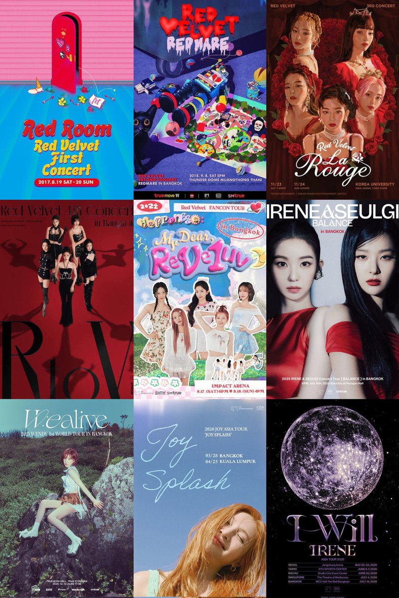 Red Room 2017
REDMARE 2018
La Rouge 2019
R to V 2023
My dear Reveluv 2024
Irene&amp;Seulgi 2025
Wealive 2025
Joy Splach 2026
I Will IRENE 2026

คอนวง&amp;คอนเดี่ยวเกือบหมด แต่เจ็บสุดที่ไทยคือ R To V