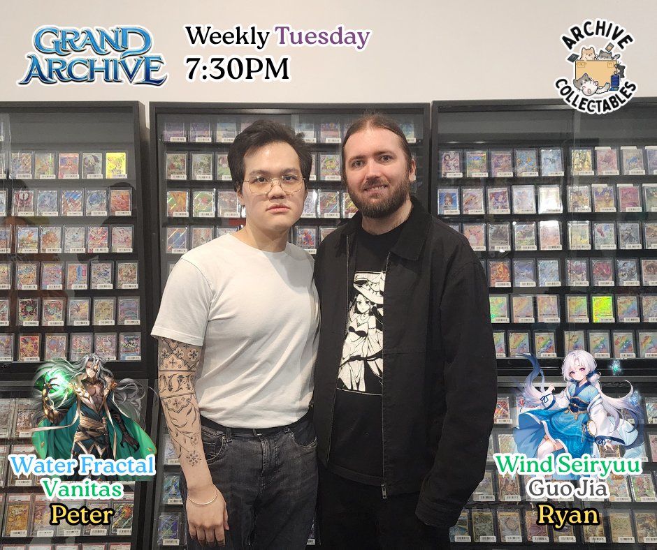 Archive_Collect's tweet photo. Big shoutout to Ryan &amp; Peter for going UNDEFEATED at last night’s 16-player locals. 👏
Some seriously close games, and of course, the pack battles got a little spicy too 🔥
Thank you for coming and the good vibes. See you at the next one 😊
#GrandArchive #GrandArchiveTCG https://t.co/jahRynYCyX