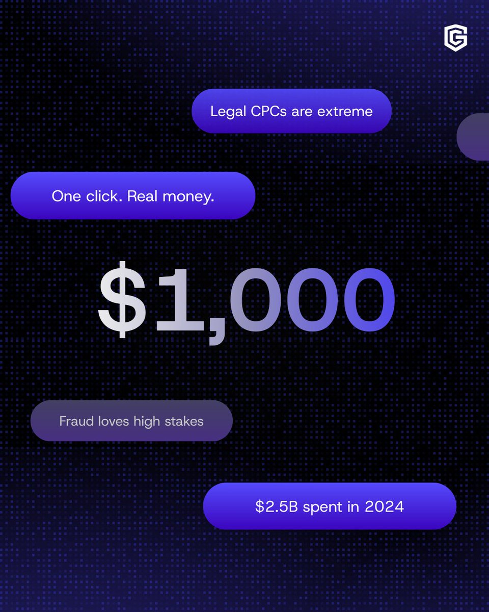 ClickGUARD's tweet photo. A single click in legal PPC can cost $1,000.

And when clicks are that valuable, fraud follows.

• Competitors drain budgets
• Bots send fake leads
• Algorithms optimise bad data
On paper, everything looks fine.
Until results don’t.
That’s fraud hiding in plain sight. https://t.co/B4i1SAajdK