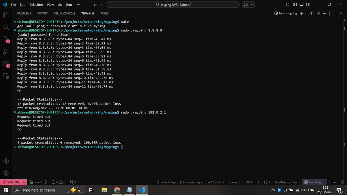 aBlackPigeon's tweet photo. Project : Ping
Built a low-level Ping utility in C 
✔️Implemented ICMP Echo Request/Reply protocol
✔️Manually constructed ICMP packets 
✔️Developed checksum algorithm 
✔️Parsed incoming packets
✔️Implemented RTT (Round Trip Time) measurement 
✔️Added timeout handling
github 👇 https://t.co/RJTMSvMrpb