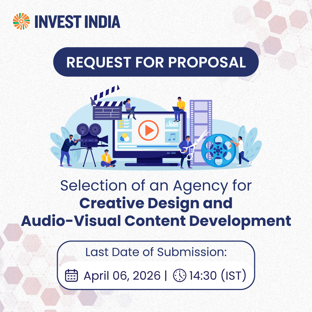investindia's tweet image. 𝐑𝐄𝐐𝐔𝐄𝐒𝐓 𝐅𝐎𝐑 𝐏𝐑𝐎𝐏𝐎𝐒𝐀𝐋𝐒

#InvestIndia invites proposals for Creative Design and Audio-Visual Content Development.

Apply now: tinyurl.com/2s3n2pmv

#InvestIndia #InvestInIndia #IndiaOpportunity #TenderNotice #RFP