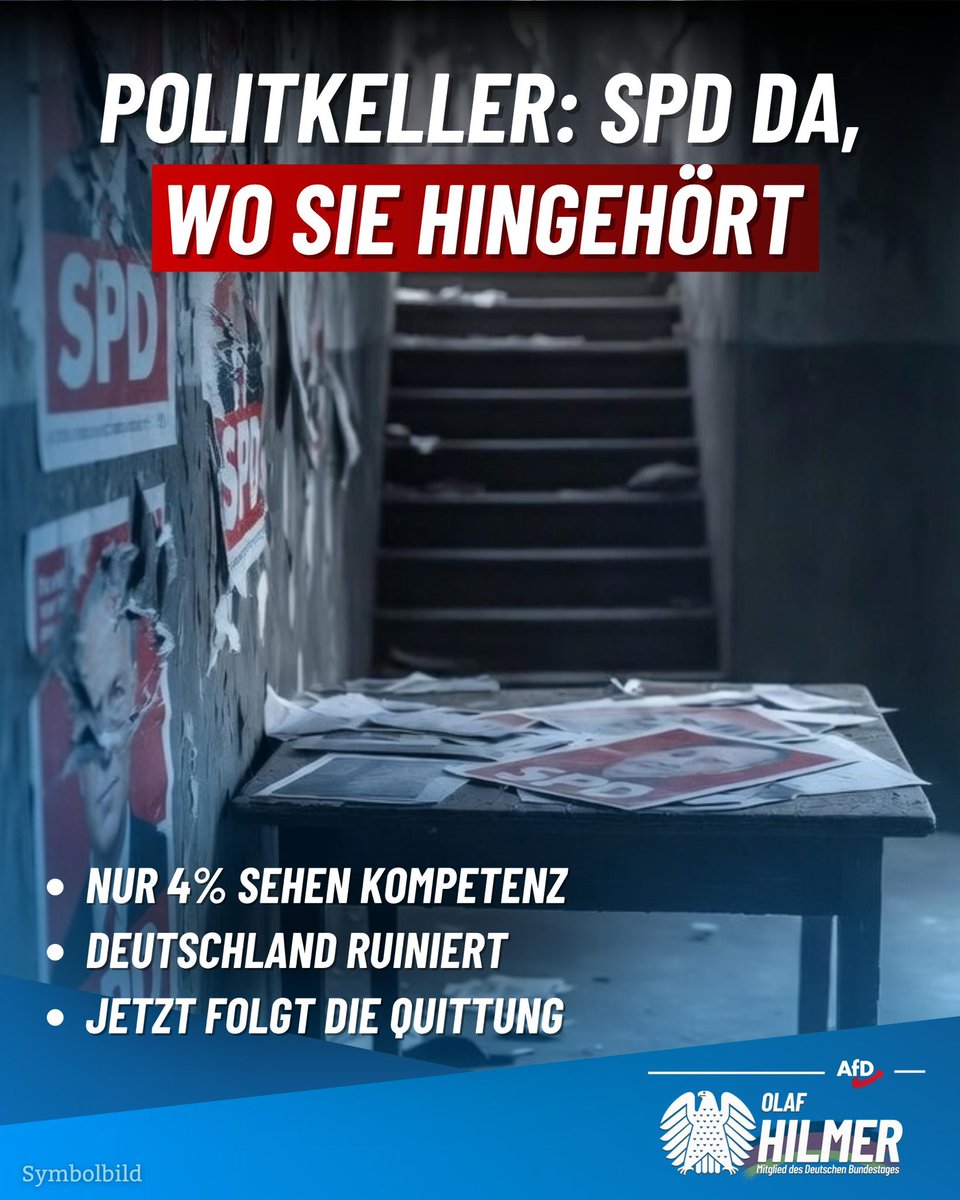 OlafHilmer's tweet photo. Laut RTL/ntv-Trendbarometer kleben die Sozis bei mickrigen 12% fest. Nur noch 4% der #Deutschen trauen den Genossen zu, überhaupt irgendwas zu lösen. #Jahrzehnte lang hat diese #Partei unser #Land kaputt gemacht. Jetzt sind sie eine gescheiterte #Altpartei ohne #Zukunft. https://t.co/nQyK9bofuS