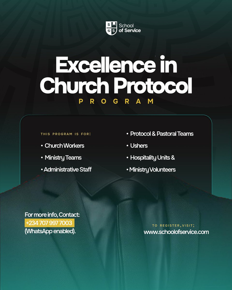 schoolofservic's tweet photo. Behind every well run ministry is a structure you may not always see, but you will always feel.

Church protocol is what brings order to services, clarity to communication, and alignment across teams. https://t.co/AxwgssGpum