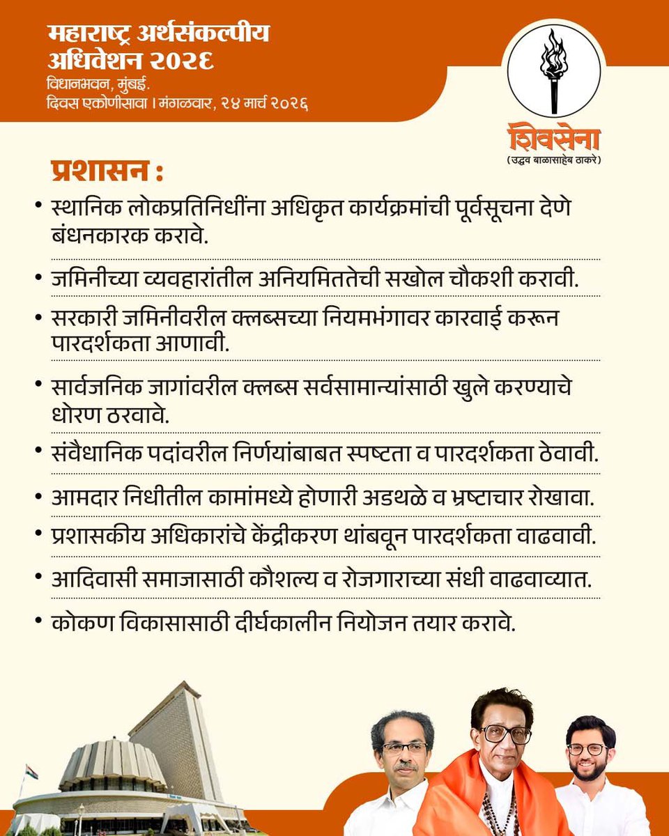 ShivSenaUBT_'s tweet photo. महाराष्ट्र विधीमंडळ अर्थसंकल्पीय अधिवेशन २०२६ मध्ये दिनांक २४ मार्च २०२६ रोजी शिवसेना (उद्धव बाळासाहेब ठाकरे) पक्षाकडून मांडण्यात आलेले महत्वाचे मुद्दे! https://t.co/FmZaKXpe2e