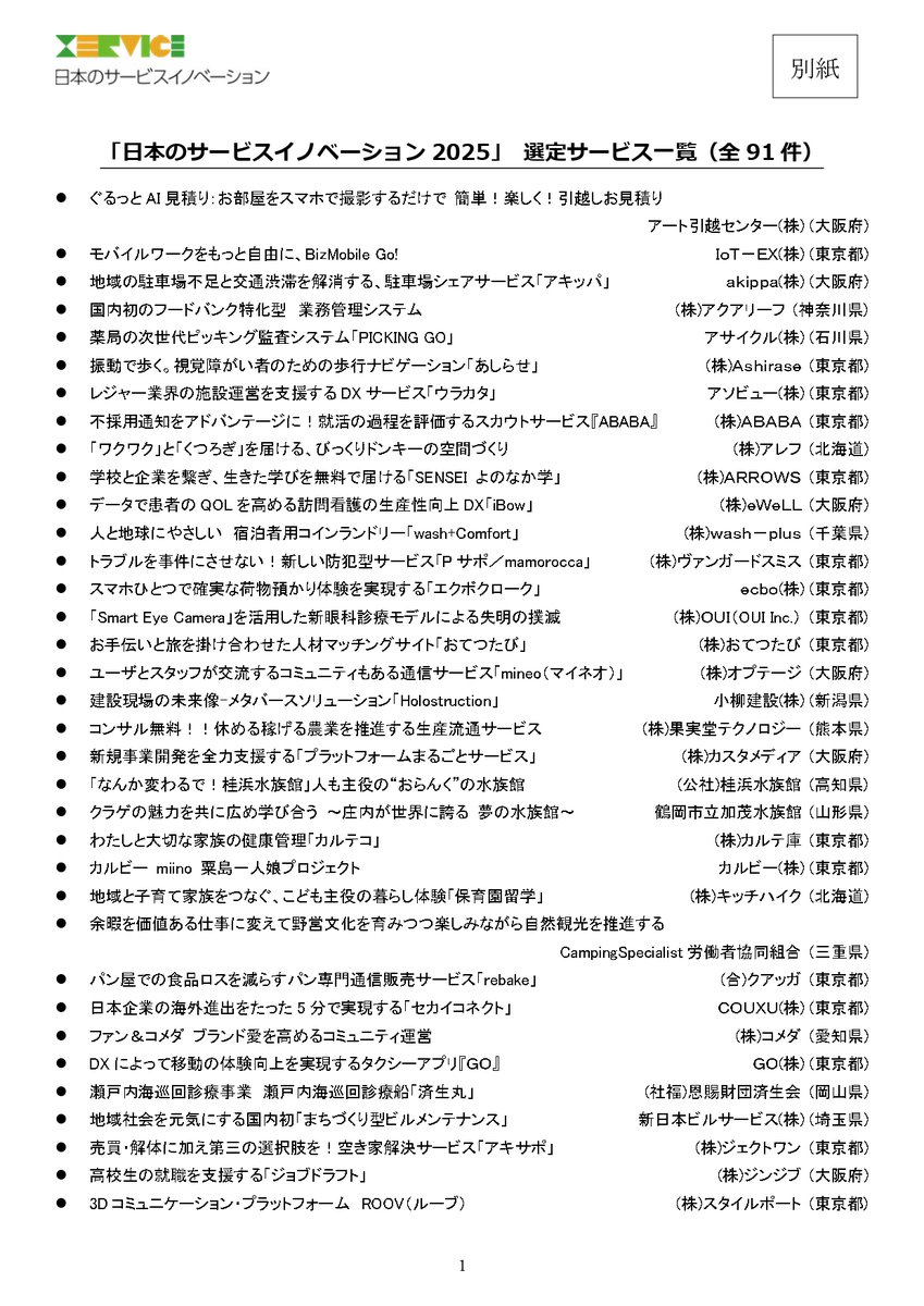 ServiceAwardJP's tweet photo. 【『日本のサービスイノベーション2025』91件選定！】
第５回日本サービス大賞受賞サービスも含めた合計91のサービスを「日本のサービスイノベーション2025」として選定いたしました。 ぜひご覧ください
https://t.co/h1hiK5J7Nt
＃日本のサービスイノベーション ＃日本サービス大賞 https://t.co/GYsqprlAnR