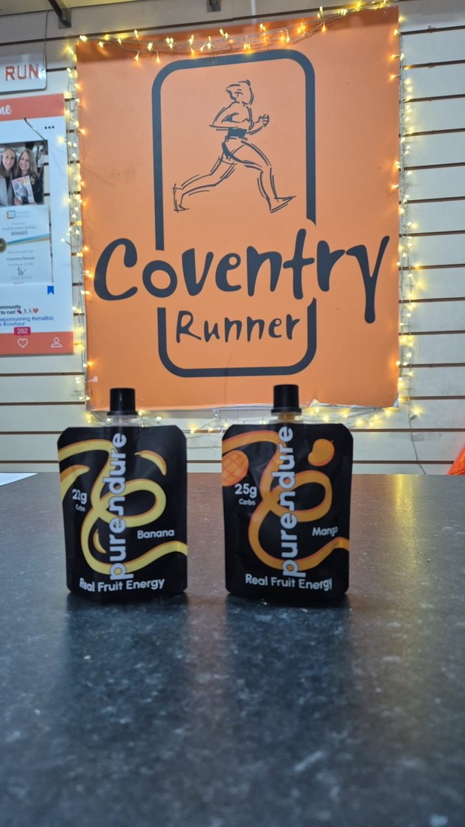 covrunner's tweet photo. 🧡💛 NEW NUTRITIONAL PRODUCTS 🍌🥭 We now stock @_purendure … 100% natural real-fruit energy gels. No artificial anything. Just clean, delicious energy for your next run. Each 70g pouch is resealable, contains 4 natural ingredients, is easy on the stomach &amp; vegan 🙌🏻 https://t.co/DlEHNzyqrg