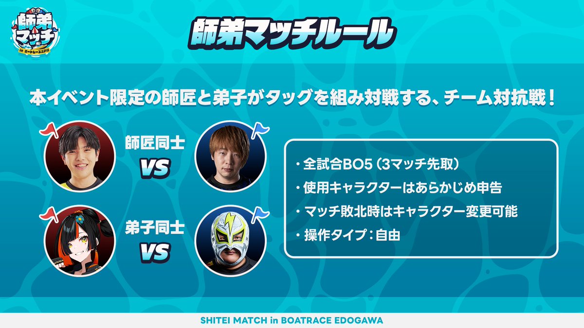 edogawa_match's tweet photo. 師弟マッチ in ボートレース江戸川🚤
ルールはこちら🔥

・師匠 / 弟子同士の3先対決
・使用キャラクターはあらかじめピック
・敗北時はキャラクター変更可能

◆日程
3/29(日) 

◆会場
#ボートレース江戸川 5F イベントホール

たくさんのご来場お待ちしております！

#師弟マッチ #SF6 https://t.co/73M545ZZr2