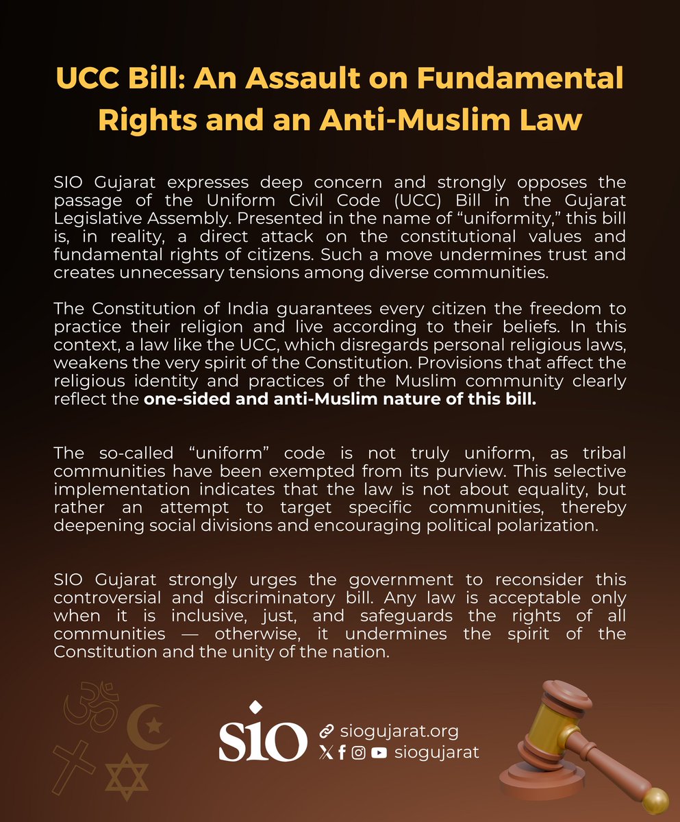sio_gujarat's tweet photo. UCC Bill: An Assault on Fundamental Rights and an Anti-Muslim Law

#SIOGujarat #UCCBill https://t.co/icGDP8G5qK