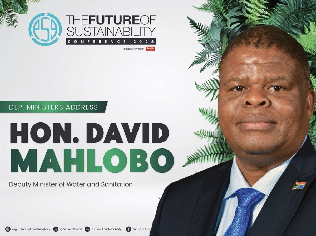 Topco_Media's tweet photo. Now On Stage: Day 2's Deputy Minister's Address will be delivered by Hon. David Mahlobo, Deputy Minister at the Department of Water and Sanitation (@DWS_RSA)🤝.

🔗Livestream: https://t.co/ZQBaxFhq7M

#FOS2026 #FutureOfSustainability #TopcoMedia https://t.co/n3ry3LSZO8