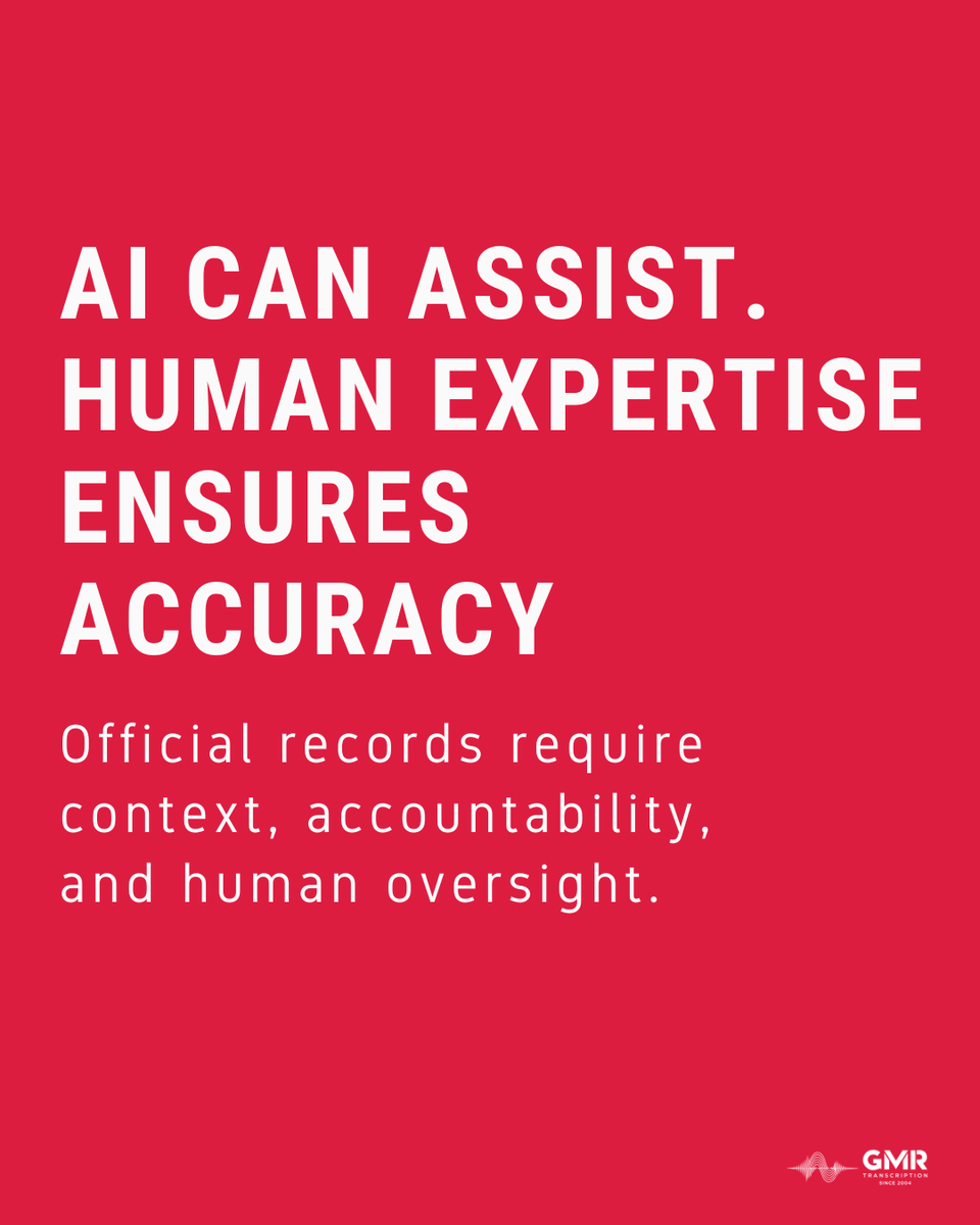 gmrtranscripts's tweet photo. AI can assist.

Human expertise ensures accuracy.

In high-stakes documentation, accountability, context, and reliability require human oversight.

#AccuracyMatters #HumanTranscription https://t.co/i004DFzYZL