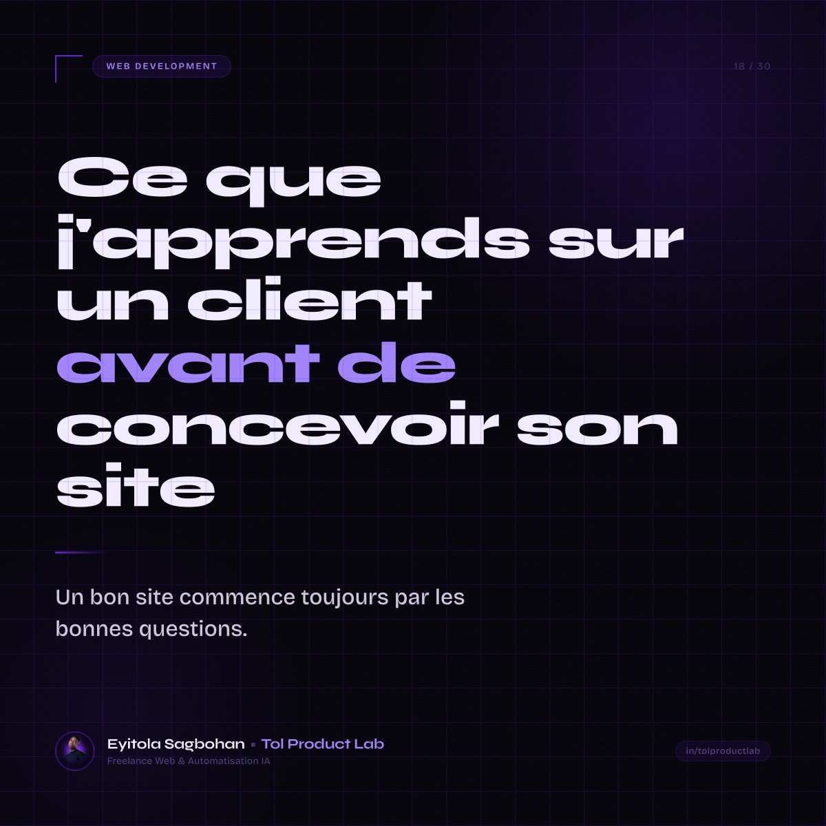 tol_coded's tweet image. Avant d'ouvrir Figma, je pose des questions.
→ C'est qui ton client idéal ? 
→ Tu résous quel problème précis ? 
→ Pourquoi toi et pas un autre ? 
→ Quelle est la seule action voulue ?
Un beau site sans stratégie, c'est un costume vide.
#WebDesign #Freelance #TolProductLab