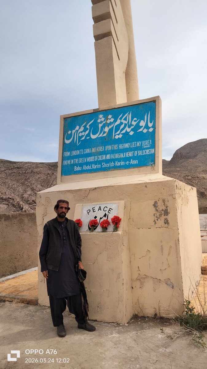 بابو شورش کریم امن
کے مزرا پر سرخ گواڑخ کے پھولوں سے سلامی
بابو کا مزرا مستنگ کی طرف جاتے ہوۓ کوٸٹہ سے تقریبا 10 کلومیٹر پر واقع ہے یہ علاقہ ویسے ہے تو وادی کوٸٹہ میں لیکن انتظامی طور پر مستنگ ضلع میں أتا ہے
بابو کا اپنا تعلق بھی مستنگ کے رند قبیلے سے تھا۔