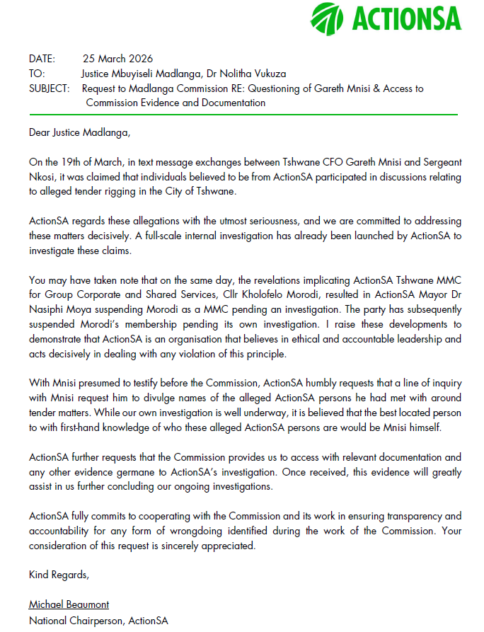 ME_Beaumont's tweet photo. ActionSA has written to Justice Madlanga requesting a line of inquiry of Tshwane CFO, Gareth Mnisi, to identify any persons claiming to be from ActionSA involved in discussions around tenders. 

ActionSA sets the standard in ethical leadership and the fight against wrongdoing. https://t.co/T9ApyWY31K