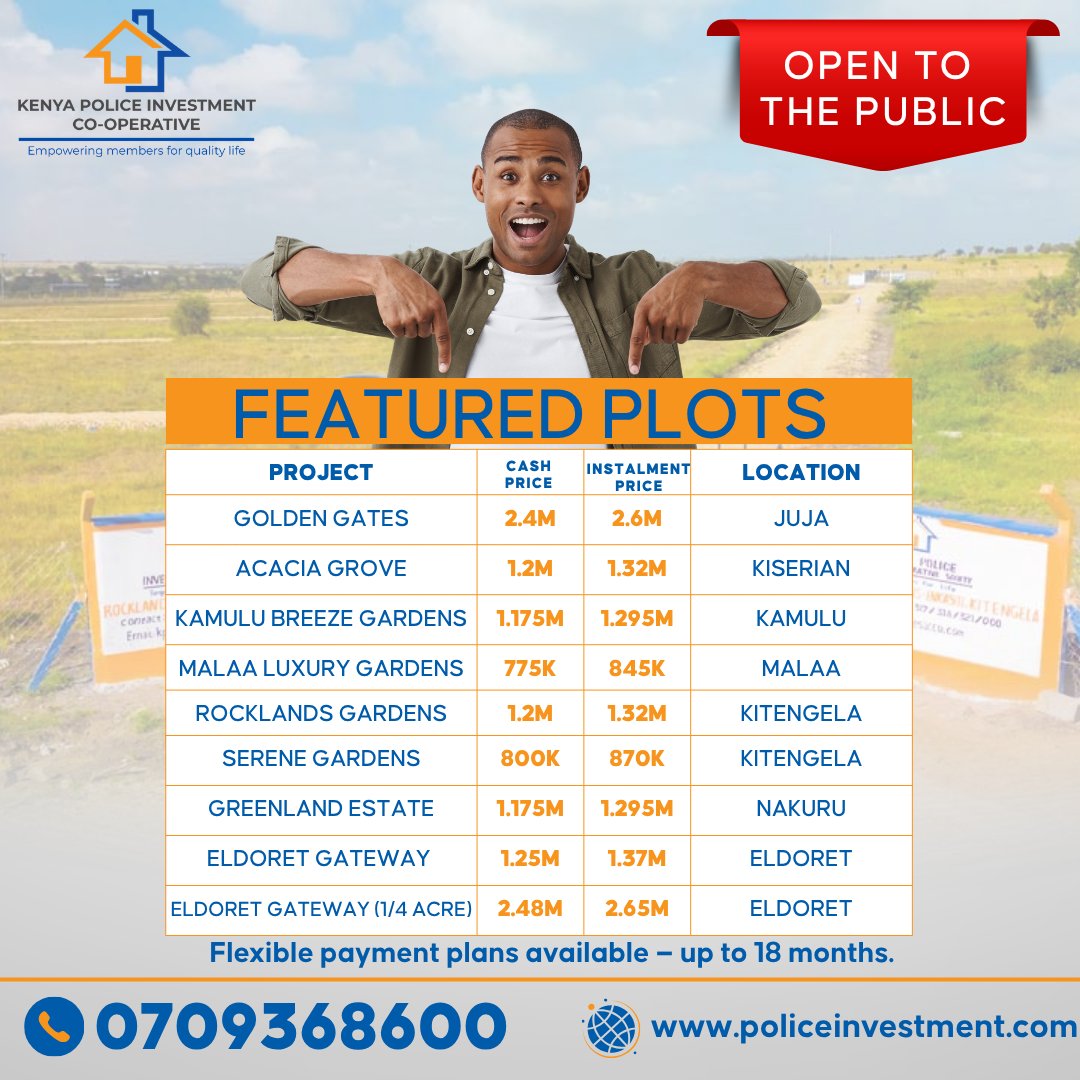 policeinvestke's tweet image. Prime plots in Juja, Kiserian, Kitengela, Nakuru &amp;amp; Eldoret.
💰 From Ksh 775K | 📆 Flexible plans
Everyone is welcome to invest in our rich property portfolio.
📞 0709 368 600

#LandForSale #InvestInLand #PrimePlots