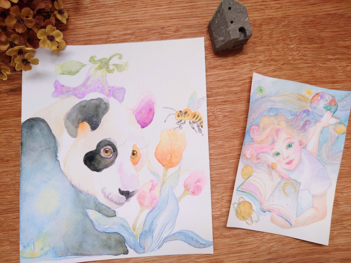 32Owlpost's tweet photo. とんがり帽子

春らしさをイメージした原画です.。o○

いつもとサイズ感が違う作品になります
🐼❀🧢

#パンダ　#イラスト　#透明水彩　#春 https://t.co/8D4kuTb7mb