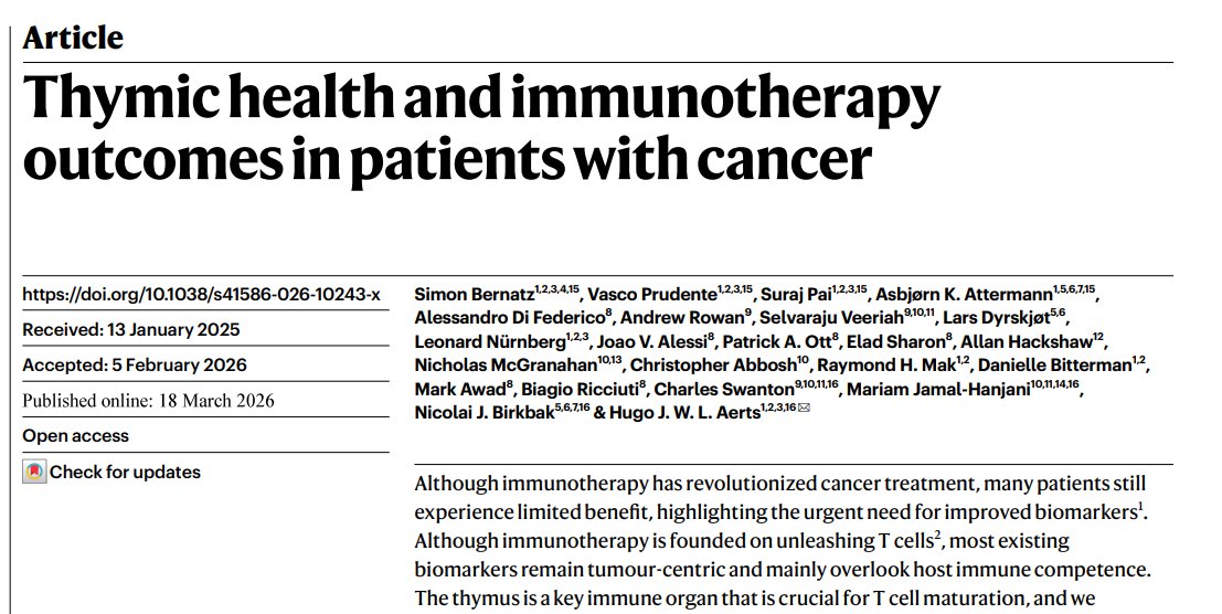 Dr_ElvinaA's tweet image. Immunotherapy is not just tumor biology. Thymic health predicts outcomes:
• PFS HR 0.65
• OS HR 0.56
• Independent of PD-L1 &amp;amp; TMB
• Even in PD-L1 &amp;lt;1% → ↓ progression ~44%
We may be treating the tumor…
But the response depends on the patient’s immune age.
#Immunotherapy