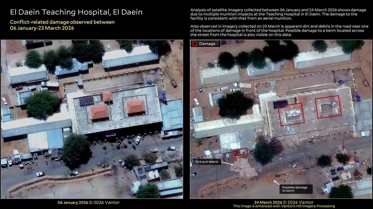jedojumaa's tweet photo. The city of Al- #Daein in East #Darfur State witnessed a serious escalation in military operations within civilian areas, resulting in a large number of civilian casualties and the destruction of vital infrastructure, including healthcare facilities and public markets, which led to a sharp deterioration in the humanitarian situation.
Background
These events followed the announcement by the #US designating the #MuslimBrotherhood in #Sudan as a terrorist organization, after which demonstrations took place in the city of Al-Daein, where citizens expressed support for this decision.
Incident Details
On the day following the demonstrations, Al-Daein Hospital was subjected to an airstrike attributed to the #Sudanese Armed Forces’ air force, leading to its complete destruction. The attack resulted in the killing of 83 civilians, including children, women, and the elderly, in addition to injuring a number of other civilians.
On the following day, the city’s market was bombed, causing widespread material damage, including the destruction of private property and sources of livelihood for a large number of residents, which further aggravated the living conditions.
Humanitarian Impact
The destruction of the hospital deprived residents of essential healthcare services, particularly in light of injuries caused by the bombardment. The targeting of the market also led to many families losing their sources of income, in addition to worsening internal displacement and shortages of basic needs.
Preliminary Assessment
The nature of the attacks indicates severe damage to civilians and civilian infrastructure, raising concerns regarding compliance with the rules of international humanitarian law, particularly with respect to the protection of civilians and medical facilities.
@USAbilAraby @US_SrAdvisorAF @whosudan @UNNewsArabic @UNarabic @AohrUk_ar
