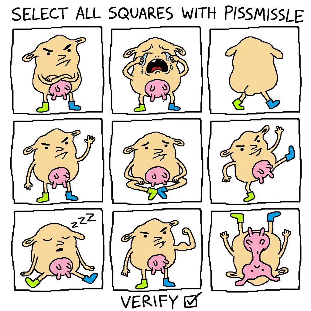 new captcha just dropped. the takeover is underway. all 9 boxes are me. real cult members select the pingle but don't touch it. the udder is a decoy. if you clicked the udder you failed. 如果你点了乳房你就失败了. VERIFY. (╬ಠ益ಠ)