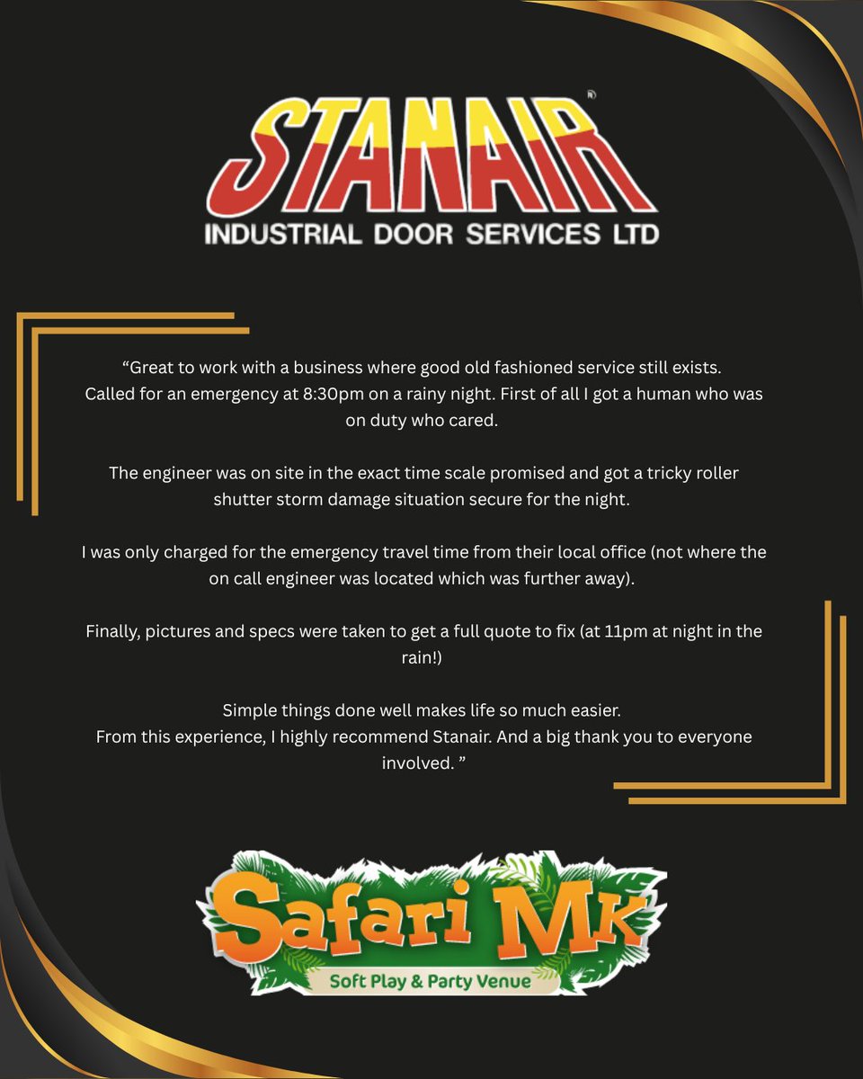 StanairDoors's tweet photo. Our engineer Ed arrived at Safari MK Soft play to find a shutter out of it's tracks and blowing in the wind. 

He battled the storm, got it safely back in place and secured the site for the night, plus gathered everything needed for repairs. 

#Stanair #EmergencyCallout https://t.co/inGN4Sd29n