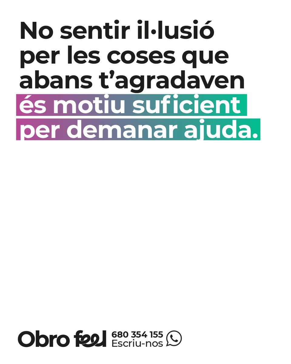joventutcat's tweet photo. Fas veure que estàs bé, però res t’omple i no saps per què

📱 Al WhatsApp de l'«Obro feel» podem parlar de tu i del que estàs vivint

💬 Escriu-nos i parlem de com estàs: 680 354 155

El que et passa #ÉsMotiuSuficient per demanar ajuda https://t.co/z9bccLG2w0
