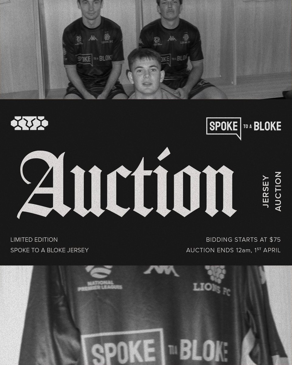 This weekend, our Lions Women &amp; Lions Men will be wearing limited edition Spoke to a Bloke jerseys, to support mental health in our doubleheader against Brisbane City 🖤

𝗟𝗶𝘃𝗲 𝗔𝘂𝗰𝘁𝗶𝗼𝗻 🛍️ …a-bloke-jersey-auction.auctria.events

#HeartPridePassion