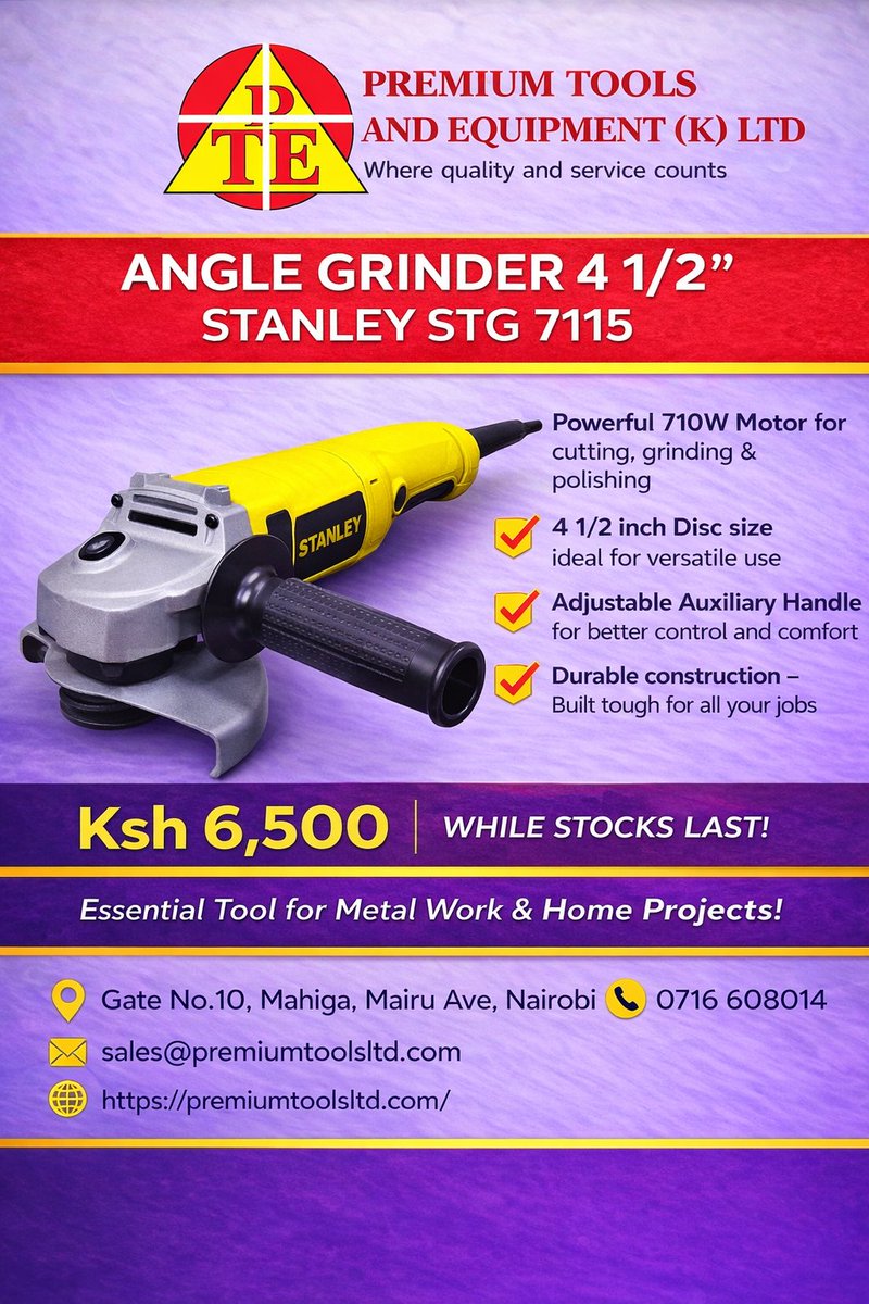 premiumtoolsltd's tweet image. Power through every job with the Stanley STG 7115 Angle Grinder 4½” 💪
Perfect for cutting, grinding &amp;amp; polishing.

#PremiumToolsKE #AngleGrinder #StanleyTools #PowerTools #ToolsKenya #DIYKenya #ConstructionKE #WorkshopTools #HardwareKenya #NairobiBusiness