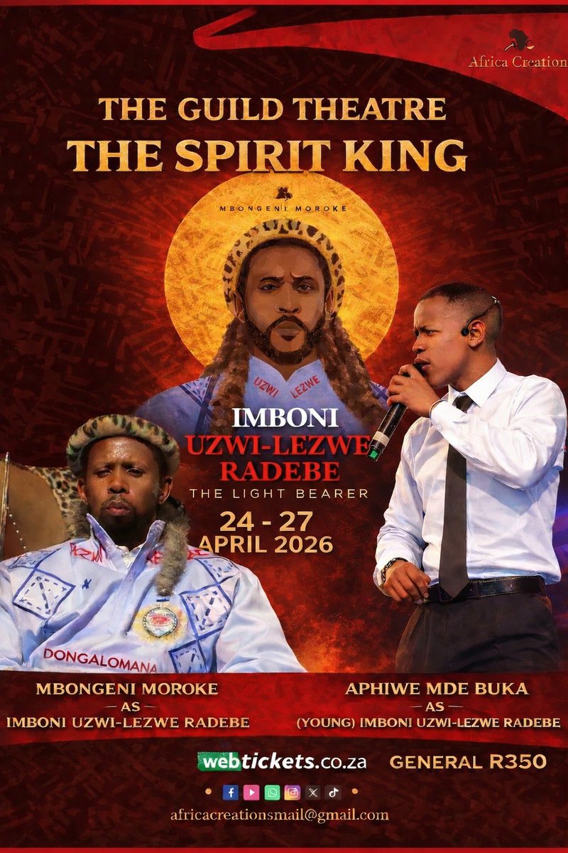 History. Identity. Legacy. 
Through The Spirit King – Imboni uZwi-LeZwe Radebe, The Light Bearer, a powerful story unfolds revisiting where Africa lost its spirituality and identity, awakening the restoration of African Indigenous Spirituality
24–27 April 2026 |  Guild Theatre