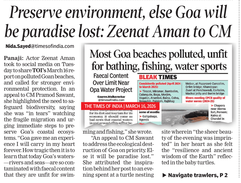 RajeshMenon70's tweet photo. The @TOIGoaNews story of Goa's beaches polluted and the environmental degradation that comes with it has caught the attention of nature lovers. The latest is actor Zeenat Aman who has written an emotional note to @goacm @DrPramodPSawant . Hope @GovtofGoa acts on it. https://t.co/3Wkoz1uMtk