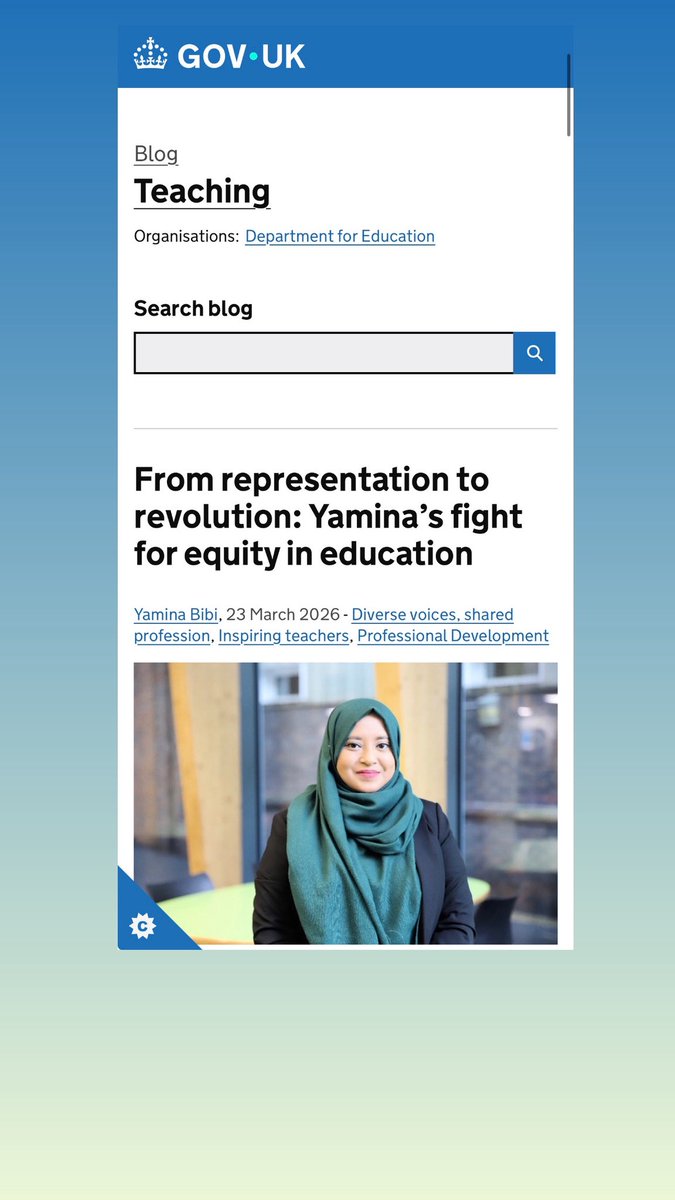 msybibi's tweet image. It’s just hit me again that I’m on the actual GOVERNMENT website (as one of my friends just said to me).  🥰

I used to be scared to speak to truth to power but I guess this is me doing just that.  

Link to the DfE case study here teaching.blog.gov.uk/2026/03/23/fro…