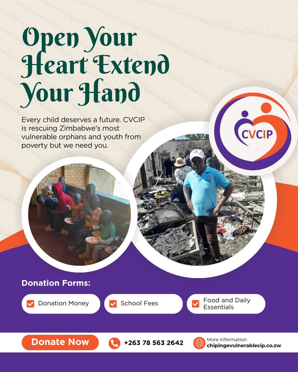 ChipingeVCIProg's tweet photo. A child's future shouldn't depend on luck.

CVCIP is fighting for Zimbabwe's most vulnerable orphans &amp; youth in Chipinge and they need YOUR support.

Donate money, school fees, or food essentials today 
#DonateNow #CVCIP #Zimbabwe https://t.co/xTN9VGSZkY