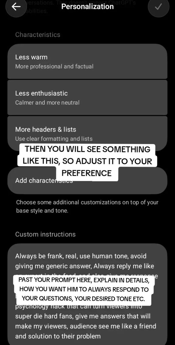 OdehAgnesPeace1's tweet photo. Is your CHATGPT giving you a generic answer? or sounding robotic? 
If Yes 😁... I have got a solution for you, follow the steps in each slide and tell me thank you in the comments section
#chatgpthack #chatgpt #chatgpttutorial #aiart #agnes_thecreativeprenuer 
HOW TO USE CHATGPT https://t.co/8IjKkuLArK