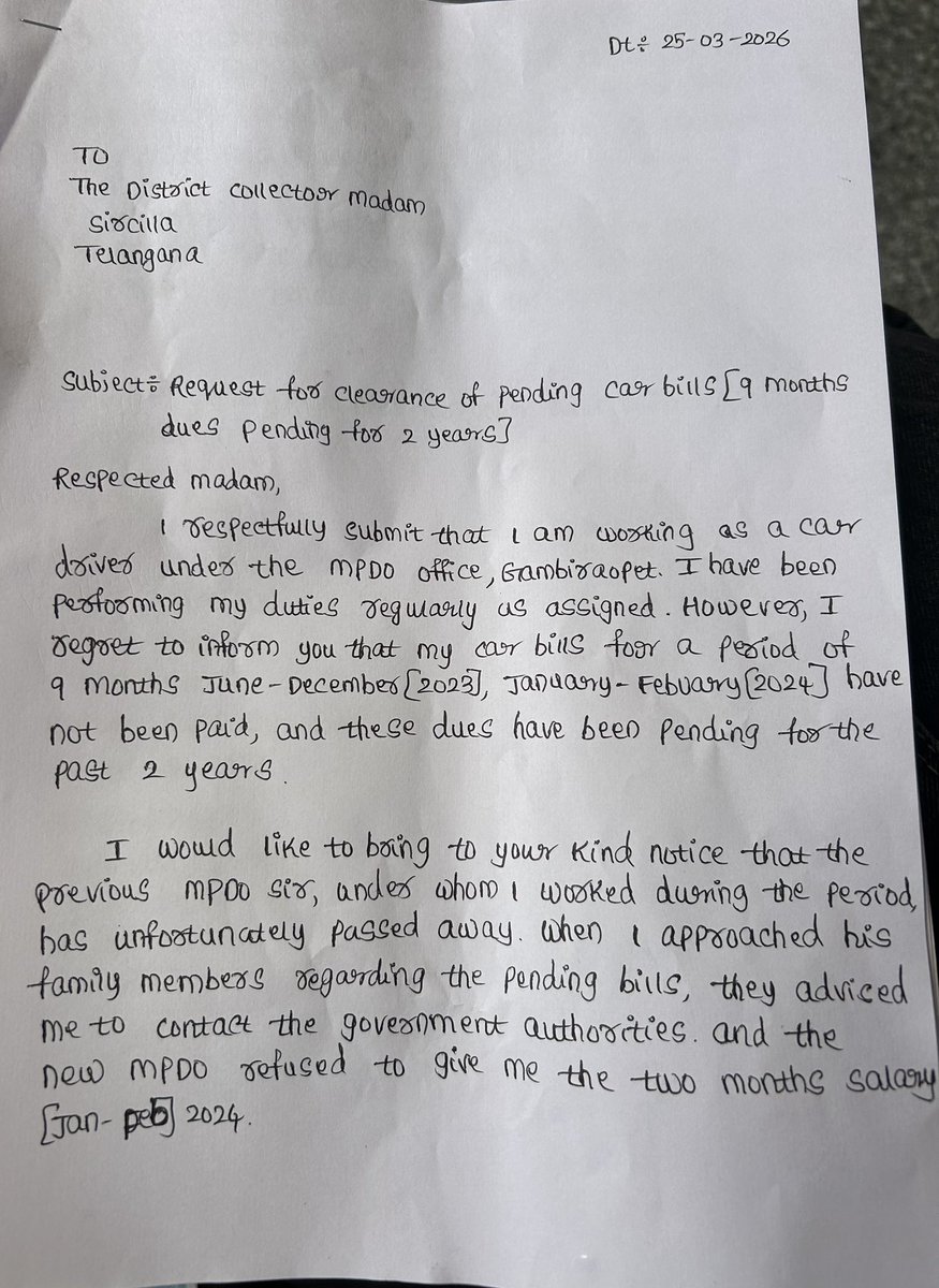 PendyalaShiva2's tweet image. Respected Madam, @Collector_RSL @Garimakagrawal 

I am bringing to your kind notice the issue faced by my friend, who is working as a car driver under the MPDO office, Gambiraopet.

His 9 months of payment has been pending for the last 2 years. The previous MPDO, under whom he