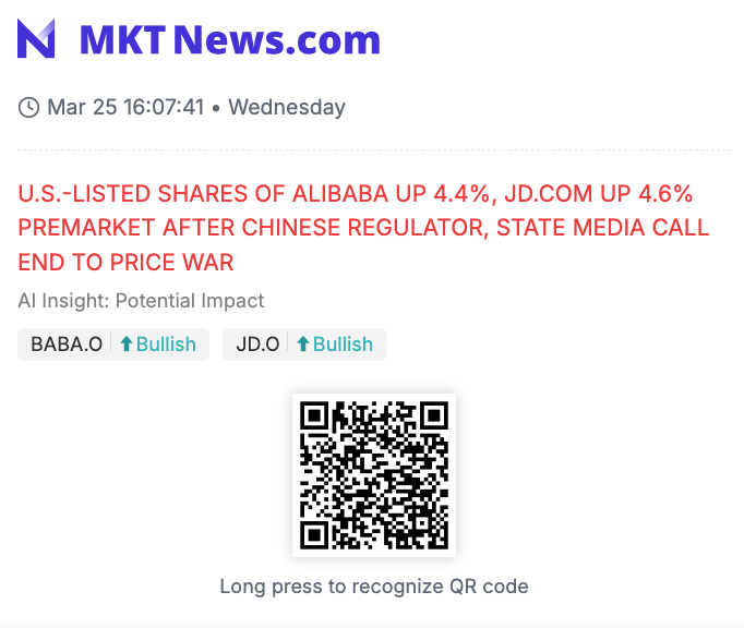 Sino_Market's tweet image. U.S.-LISTED SHARES OF ALIBABA UP 4.4%, JD. COM UP 4.6% PREMARKET AFTER CHINESE REGULATOR, STATE MEDIA CALL END TO PRICE WAR 
#ALIBABA $BABA #MEITUAN $MPNGY $JD 
(mktnews.com/flashDetail.ht…)