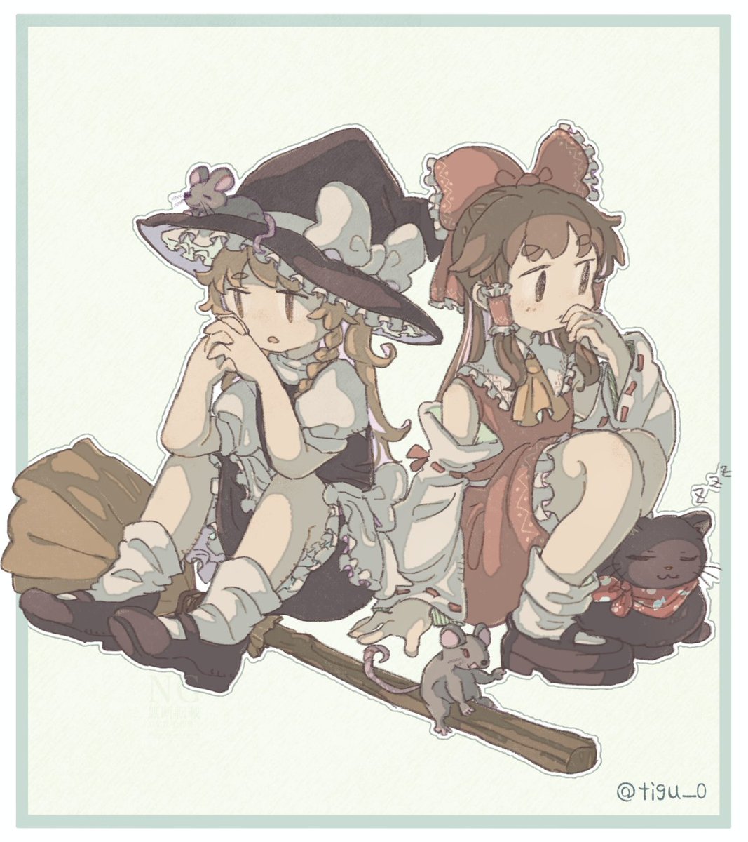 【東方絵　37枚目】魔理沙と霊夢
　脚の間に、もふもふ猫
   #東方Project #東方 #魔理沙 #霊夢