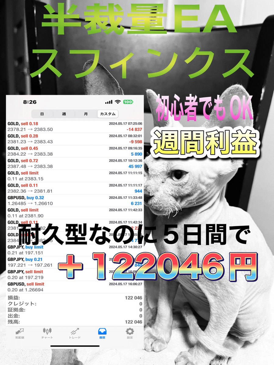 サイベリアンが無料提供している( ﾟДﾟ) 
半裁量EAスフィンクスかなり優秀です。 
 耐久型でこれだけの利益Σ（・□・；）  
スマホエントリーできるし最高です＾＾ 
ぜひ使ってみてください°˖✧◝(⁰▿⁰)◜✧˖° bit.ly/4bDEf1F　
#FX  #ad #耐久型
ゴールド/ビットコイン/BTCUSD/自動売買/
