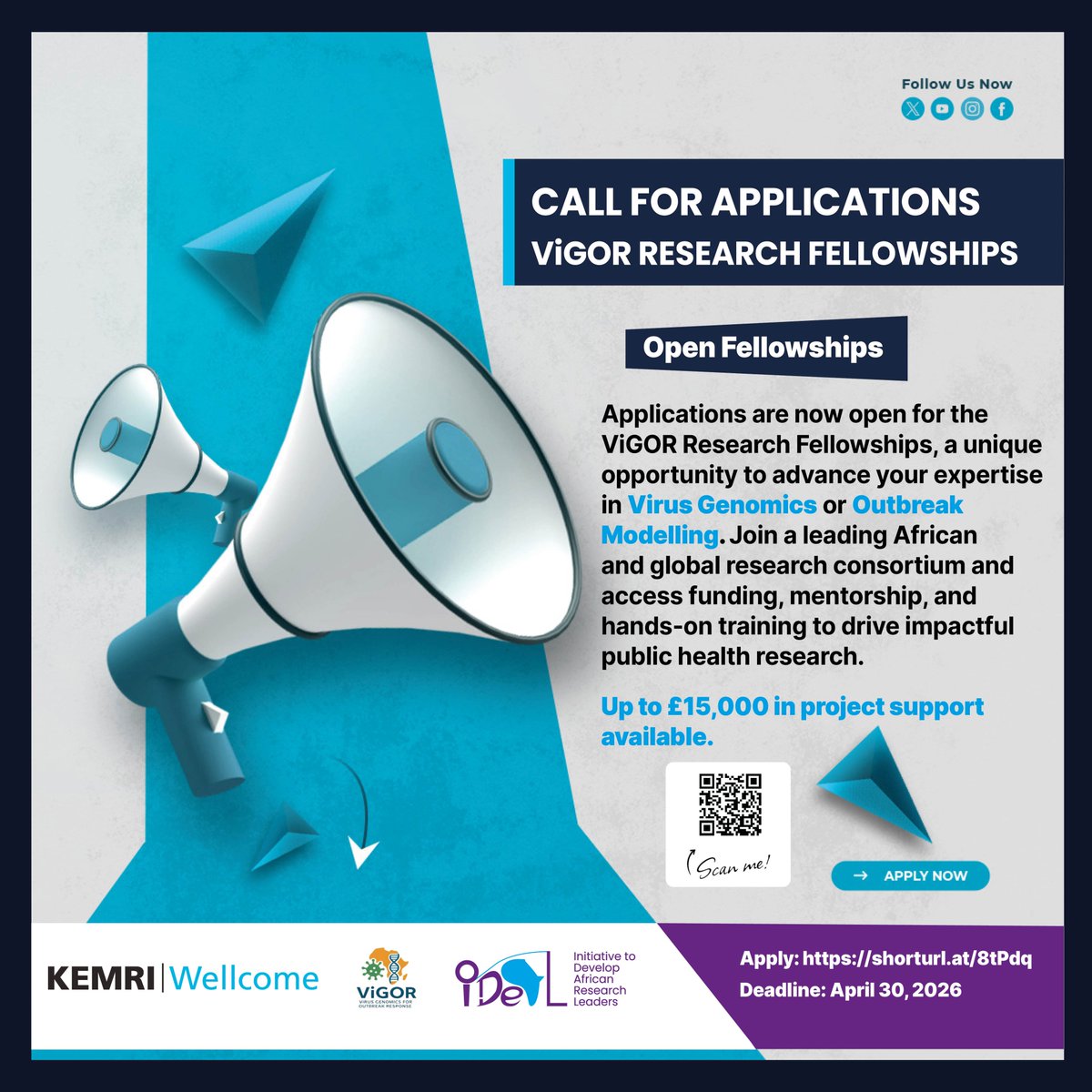 KEMRI_Wellcome's tweet photo. 🚨 Call for Applications: ViGOR Research Fellowships!
💡Are you ready to advance your expertise in Virus Genomics or Outbreak Modelling?
Apply for the Virus Genomics for Outbreak Response Research Fellowships to join a leading African and global research consortium and shape public health responses across Africa and beyond!
💡 Up to £15,000 in project support available
🤝 Mentorship + hands-on training
🔗 Apply here👉 : https://t.co/DCMBQeFadt
🗓️Deadline: April 30th, 2026