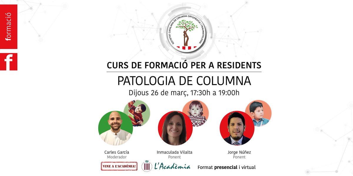 sccot_cat's tweet photo. 📢 CURS DE FORMACIÓ PER A RESIDENTS
👉🏼PATOLOGIA DE COLUMNA
🗓️Dijous 26 de març
🕔 17:30h a 19:00h
👨⚕️Carles García, moderador
👩⚕️Inmaculada Vilalta, ponent
👨⚕️Jorge Núñez, ponent
📲 Aula virtual:
https://t.co/BDci4bvYH8
#SCCOT https://t.co/qQi2Hi1zpt