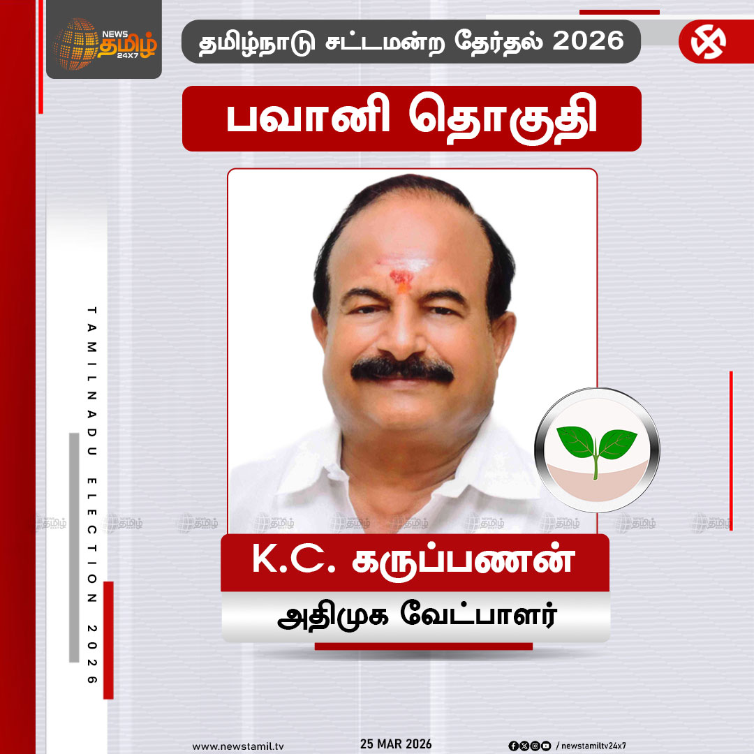 NewsTamilTV24x7's tweet image. ADMK Candidate | வரும் சட்டமன்ற தேர்தலில் அதிமுக சார்பில்  பவானி   தொகுதியில் போட்டியிடுகிறார், K.C.கருப்பணன்

ADMK | EPS | TamilNadu Election

#ADMK | #EPS | #Candidate | #TamilNaduElection | #Tamilnews #NewsTamil24x7