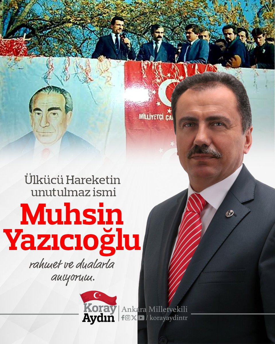Ülkücü Hareketin unutulmaz ismi, değerli ülküdaşım Şehit #MuhsinYazıcıoğlu'nu şehadet yıl dönümünde rahmet, minnet ve dualarla anıyorum.🇹🇷 

Vefatına sebep olan kazanın hala aydınlatılmamış olması, isminin hala mahkeme koridorlarında yankılanıyor olması, zaman aşımı gibi garabet