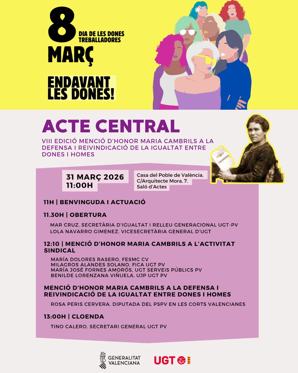 UGTPV's tweet photo. 📢 El pròxim 31 de març a les 11 h, #UGTPV celebrem a la Casa del Poble de València la VIII Menció d’Honor Maria Cambrils.

Un acte clau del #8M per reconéixer la tasca de persones i col·lectius que lluiten per la igualtat real entre dones i homes 💜 https://t.co/i0EURxHsLu