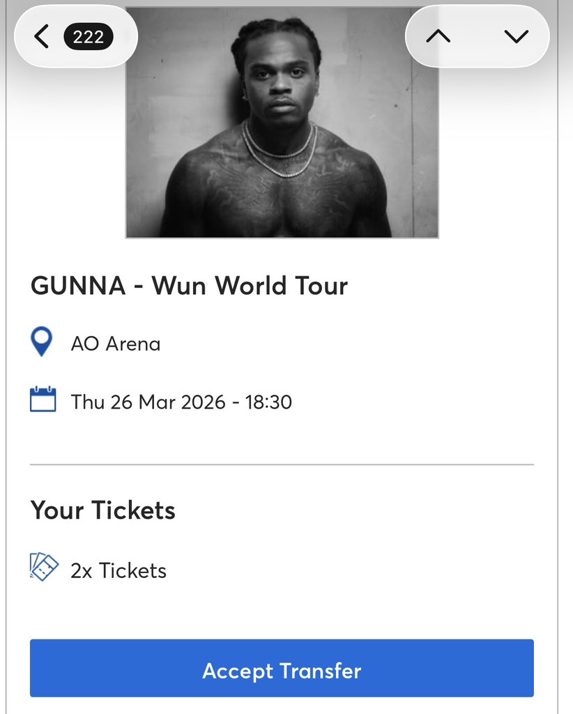 LikkleLiz's tweet photo. Selling 2 tickets to Gunna in Manchester tomorrow ! Great seats … https://t.co/u0YQIRmYS0