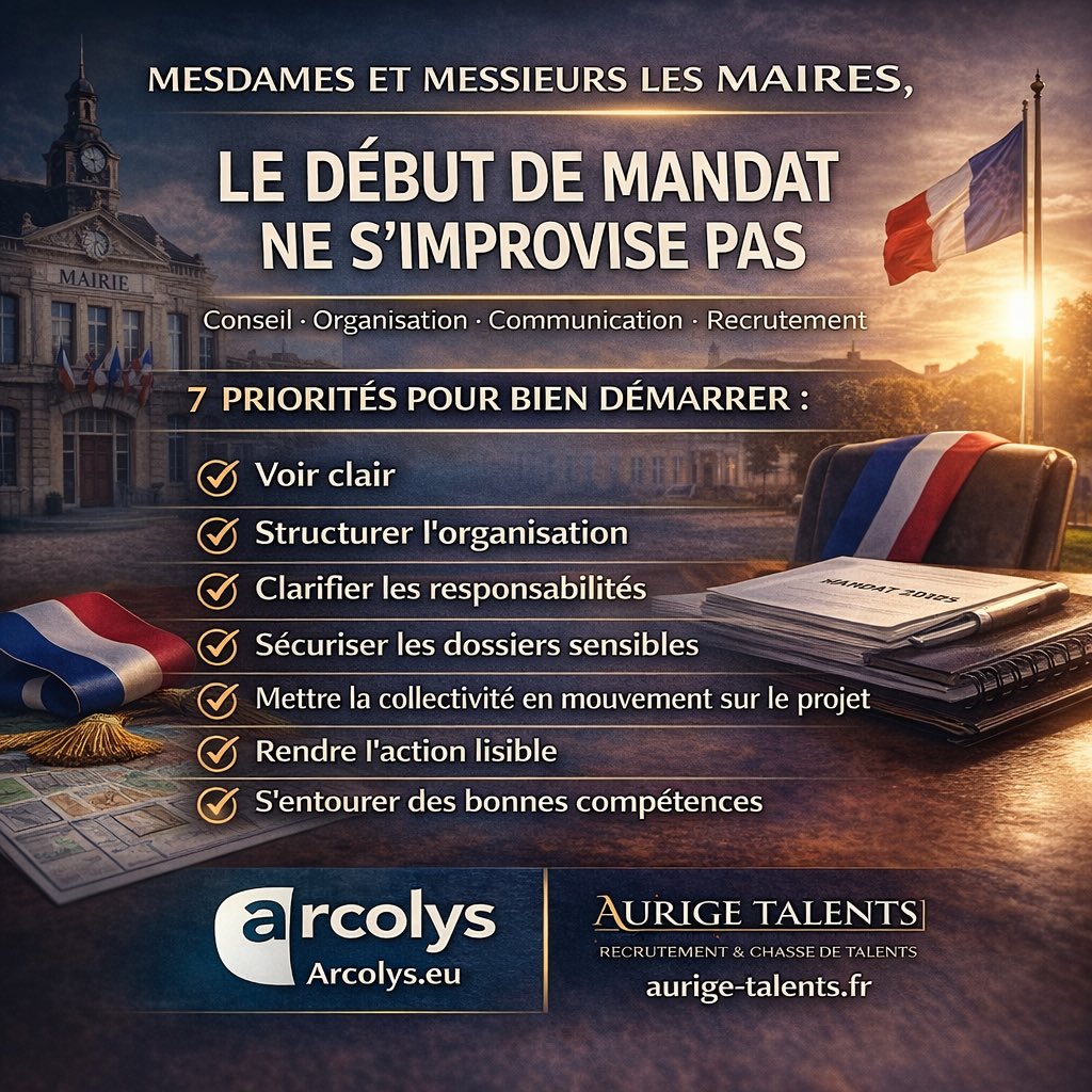 Arcolys's tweet photo. Mesdames et Messieurs les Maires : en 2026, le début de mandat n’est pas seulement une affaire d’installation

Une élection donne une légitimité.

Mais elle ne remet pas automatiquement une collectivité en ordre de marche.

Et dans beaucoup de communes, les premières semaines font très vite remonter les mêmes réalités :
•une organisation à clarifier
•des dossiers à reprendre sans attendre
•des arbitrages à rendre vite
•une administration à remobiliser
•une parole publique à structurer
•et parfois, des postes-clés à pourvoir rapidement

Autrement dit : le début de mandat est un moment de vérité.

Chez Arcolys, nous accompagnons les collectivités sur ce moment très particulier.

Et dans les faits, les besoins reviennent souvent dans le même ordre.

1️⃣ VOIR CLAIR
Avant de décider, il faut savoir précisément d’où l’on part.
➡️ audit organisationnel, diagnostic de fonctionnement, identification des blocages, des fragilités et des marges de progrès

2️⃣ STRUCTURER L’ORGANISATION
Un mandat démarre rarement bien quand les circuits restent flous et que l’organisation repose sur de vieilles habitudes.
➡️ remise à plat de l’organisation, optimisation du fonctionnement administratif, clarification des articulations internes

3️⃣ CLARIFIER LES RESPONSABILITÉS
C’est souvent là que se jouent les premières tensions.
➡️ structuration de la gouvernance, répartition des responsabilités, articulation entre exécutif, direction générale, cabinet et administration

4️⃣ SÉCURISER LES DOSSIERS SENSIBLRD
Certains dossiers n’attendent pas six mois.
➡️ reprise de projets complexes, aide à la décision, remise à plat de politiques publiques ou de situations bloquées

5️⃣ METTRE LA COLLECTIVITÉ EN MOUVEMENT SUR LE PROJET
Parce qu’un mandat ne tient pas uniquement par une volonté politique.
➡️ conduite du changement, mobilisation interne, réorganisation fonctionnelle, accompagnement des transitions

6️⃣ RENDRE L’ACTION LISIBLE
Ce qui n’est pas clairement expliqué finit souvent par être mal compris… ou politiquement invisible.
➡️ stratégie de communication publique, clarification des messages, lisibilité de l’action municipale

7️⃣ S’ENTOURER DES BONNES COMPÉTENCES
Et c’est souvent un sujet plus urgent qu’on ne le pense.
➡️ avec https://t.co/opPxRHK8Tb : recrutement, chasse de profils et recherche de talents pour les fonctions-clés de la collectivité

La vérité, c’est qu’un mandat ne se joue pas seulement sur une vision.

Il se joue aussi sur la capacité à mettre une collectivité en ordre de marche, au bon rythme, avec les bonnes personnes, et dans le bon ordre.

Et cela commence très tôt.
MAINTENANT.

#Maires #CollectivitésLocales #DébutDeMandat #ActionPublique #GouvernanceLocale #StratégieTerritoriale #AuditOrganisationnel #CommunicationPublique #RecrutementPublic #recrutement #RessourcesHumaines #Arcolys #collterr #AurigeTalents