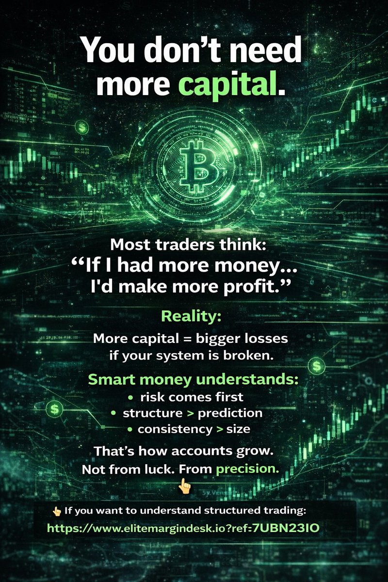 ELITEMARGINDESK's tweet photo. If you can’t grow $100…

You won’t grow $10,000.

More capital won’t save you.
It will expose you.
The problem isn’t money.
It’s execution.

👇 Learn structure

 https://t.co/EjZaZZDtBd

#CryptoTrading #Bitcoin #SMC #SOLANA #ETH #BTC #SOL $BTC https://t.co/f8RYIqgqUP