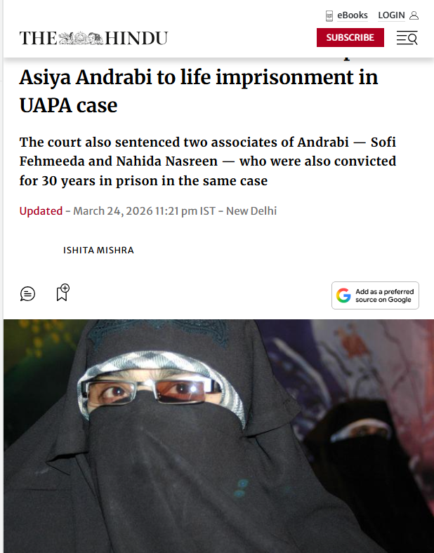 Ajaz12Ahmed's tweet image. Kashmir has suffered enough because of terror sympathizers
Asiya Andrabi gets life imprisonment &amp;amp; her aides 30 yrs for conspiring against the nation
Anyone ho supported terrorism in Kashmir deserves strict punishment
The era of glorifying terrorists is over
#KashmirRejectsTerror