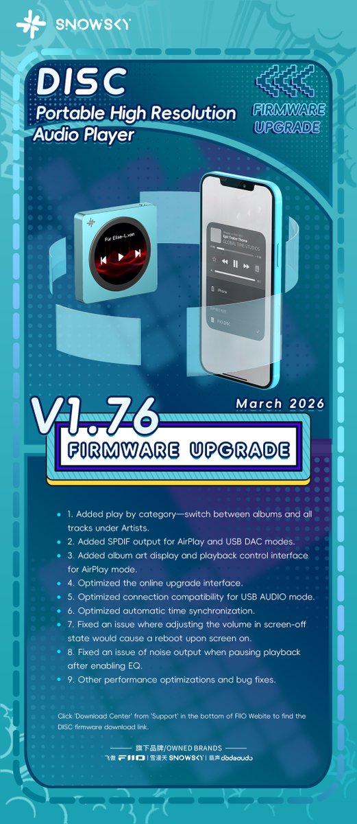 SNOWSKYofficial's tweet image. The new firmware V1.76 for SNOWSKY DISC is now available!

DISC firmware download link: 
forum.fiio.com/note/showNoteC…
How to update the firmware for DISC:
fiio.com/newsinfo/11118…

#FIIO #SNOWSKY #MusicPlayer #DISC #MP3 #Music #HiFi #FirmwareUpgrade