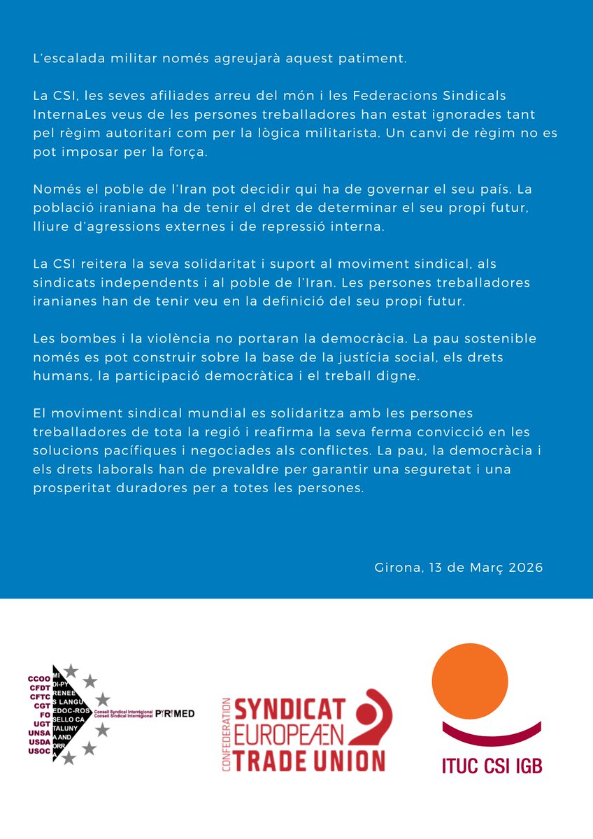 CSIRPirimed's tweet photo. 🕊️ El CSIR Pirimed dona suport a la declaració de la Confederació Sindical Internacional @ituc contra la guerra: alto el foc immediat, fi de l’escalada militar i retorn a la diplomàcia a l’Orient Mitjà. 

✊La pau, els drets humans i el treball digne han de prevaldre. https://t.co/IHU4Pb17lB